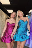 Sparkly Blue Metallic A Line Short Corset Homecoming Dress To Impress
