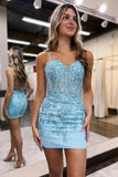 Sparkly Blue Corset Floral Tight Short Homecoming Dress To Impress