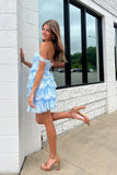 Sparkly Blue Floral Lace Off The Shoulder Ruffled Short Homecoming Dress
