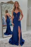 Sparkly Dark Blue Mermaid Corset Long Prom Dress with Slit