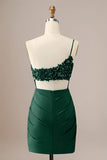 Sparkly Dark Green Bodycon One Shoulder Pleated Short Homecoming Dress with Sequins
