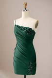 Sparkly Dark Green Bodycon One Shoulder Pleated Short Homecoming Dress with Sequins