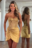 Sparkly Gold Tight Ruched Short Corset Homecoming Dress