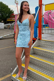 Sparkly Light Blue Lace Tight Short Homecoming Dress