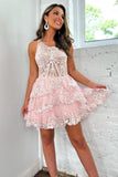 Sparkly One Shoulder Pink Corset Tiered Short Homecoming Dress