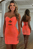 Sparkly Orange Cut Out Tight Beaded Short Homecoming Dress To Impress