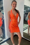 Sparkly Orange Sequin Halter Tight Homecoming Dress To Impress