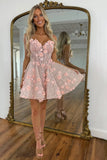 Sparkly Pink Floral A Line Short Corset Homecoming Dress