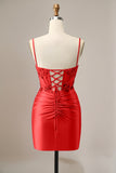 Sparkly Red Glitter Spaghetti Straps Sequins Pleated Corset Homecoming Dress