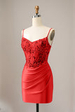 Sparkly Red Glitter Spaghetti Straps Sequins Pleated Corset Homecoming Dress