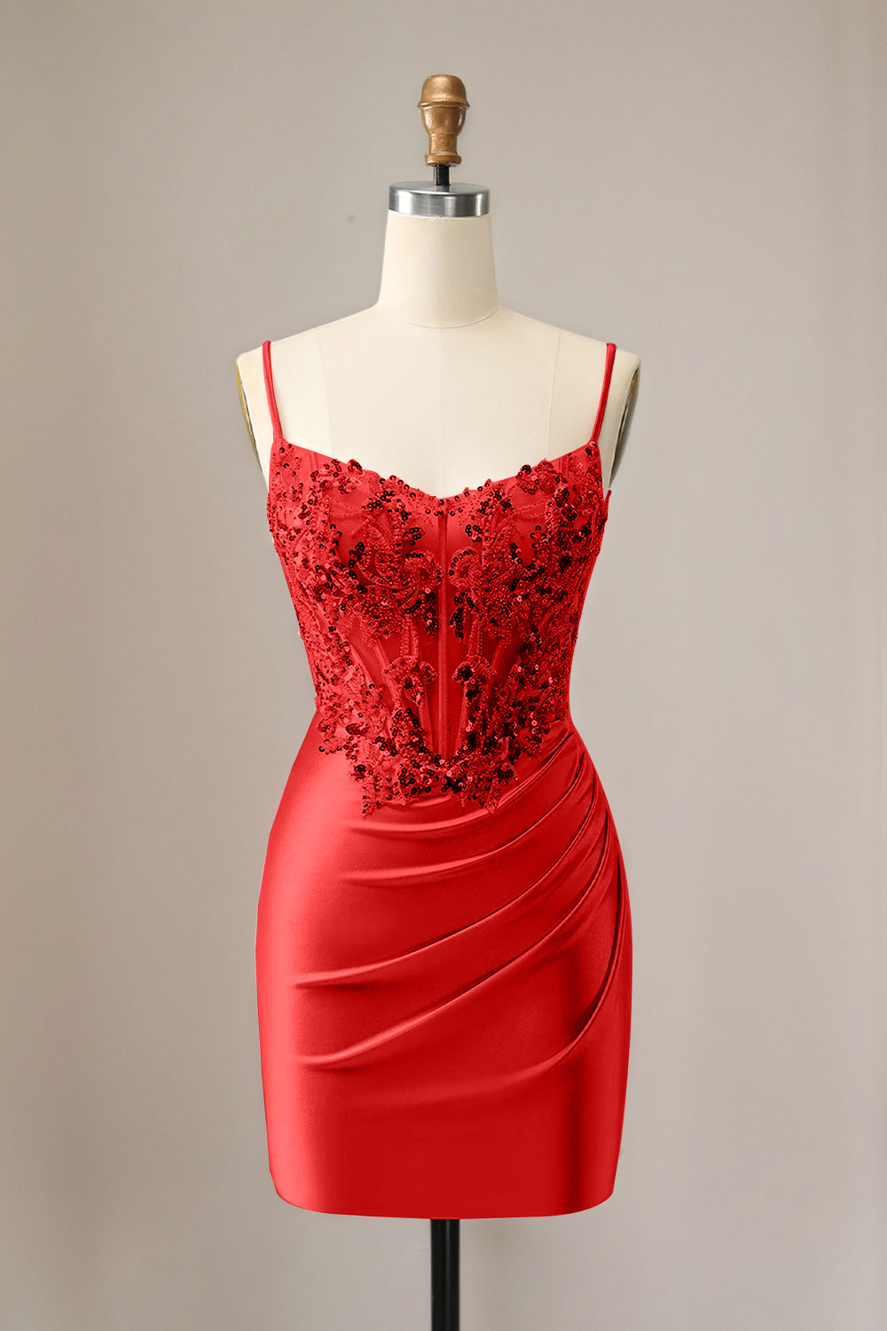 Sparkly Red Glitter Spaghetti Straps Sequins Pleated Corset Homecoming Dress