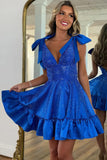 Sparkly Royal Blue A Line Ruffled Short Homecoming Dress