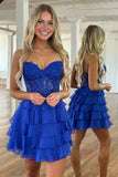 Sparkly Royal Blue Corset Strapless A Line Short Homecoming Dress with Ruffles