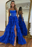 Sparkly Royal Blue Strapless A-Line Long Tiered Prom Dress with Slit