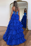 Sparkly Royal Blue Strapless A-Line Long Tiered Prom Dress with Slit