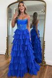 Sparkly Royal Blue Strapless A-Line Long Tiered Prom Dress with Slit