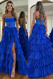 Sparkly Royal Blue Strapless A-Line Long Tiered Prom Dress with Slit