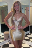Sparkly Blue Beaded Tight Short Homecoming Dress with Lace-Up Back