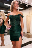Sparkly Fuchsia Detachable Off the Shoulder Satin Tight Short Homecoming Dress with Sequins