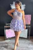 Sparkly White Tiered Lace One Shoulder Short Homecoming Dress