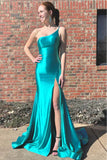 Green Mermaid One Shoulder Sleeveless Satin Pleated Long Prom Dress with Slit