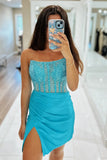 Sparkly Dark Green Corset Strapless Tight Short Homecoming Dress with Beadings