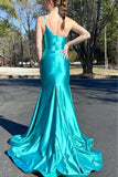 Green Mermaid One Shoulder Sleeveless Satin Pleated Long Prom Dress with Slit