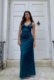 Ink Blue Mermaid V-Neck Criss-Cross Back Long Prom Dress