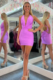 Fuchsia Tight Halter Short Homecoming Dress