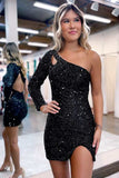 Red Sequins One Shoulder Keyhole Short Homecoming Dress With Slit