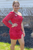 Red Sequins One Shoulder Keyhole Short Homecoming Dress With Slit