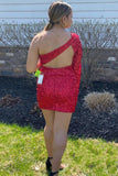 Red Sequins One Shoulder Keyhole Short Homecoming Dress With Slit