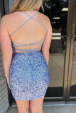 Blue Sparkly Sequins Tight Homecoming Dress With Criss Cross Back