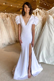 White Mermaid Plunge V Cutout Back Long Prom Dress with Slit
