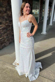 White Mermaid Spaghetti Straps Plunging Neck Sequins Long Prom Dress
