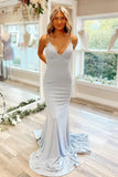 Light Blue Mermaid Spaghetti Straps Tie Back Long Prom Dress