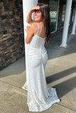 White Mermaid Spaghetti Straps Plunging Neck Sequins Long Prom Dress