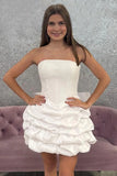 White Satin A Line Short Homecoming Dress with Ruffles