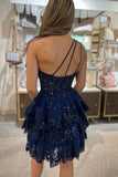 One Shoulder Sparkly Sequins Lace Homecoming Dresses for Teens