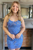 Blue Mermaid Bodycon Spaghetti Straps Short Homecoming Dress with Sequins