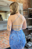 Blue Mermaid Bodycon Spaghetti Straps Short Homecoming Dress with Sequins