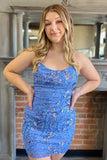 Blue Mermaid Bodycon Spaghetti Straps Short Homecoming Dress with Sequins