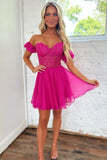 Gorgeous A Line Off The Schoulder Fuchsia Corset Homecoming Dress with Ruffles