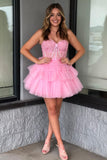 A-Line Sweetheart Pink Corset Short Homecoming Dress with Lace