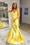Yellow Mermaid Strapless Sweetheart Long Prom Dress with Slit