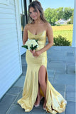 Yellow Mermaid Strapless V-Neck Metallic Long Prom Dress with Slit