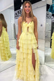 Yellow A Line Chiffon Ruffle Tiered Prom Dress with Slit