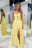 Yellow A Line Chiffon Ruffle Tiered Prom Dress with Slit