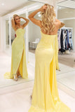 Yellow Pleated Strapless Sweep Train Silk Satin Long Prom Dress with Slit