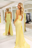 Yellow Pleated Strapless Sweep Train Silk Satin Long Prom Dress with Slit